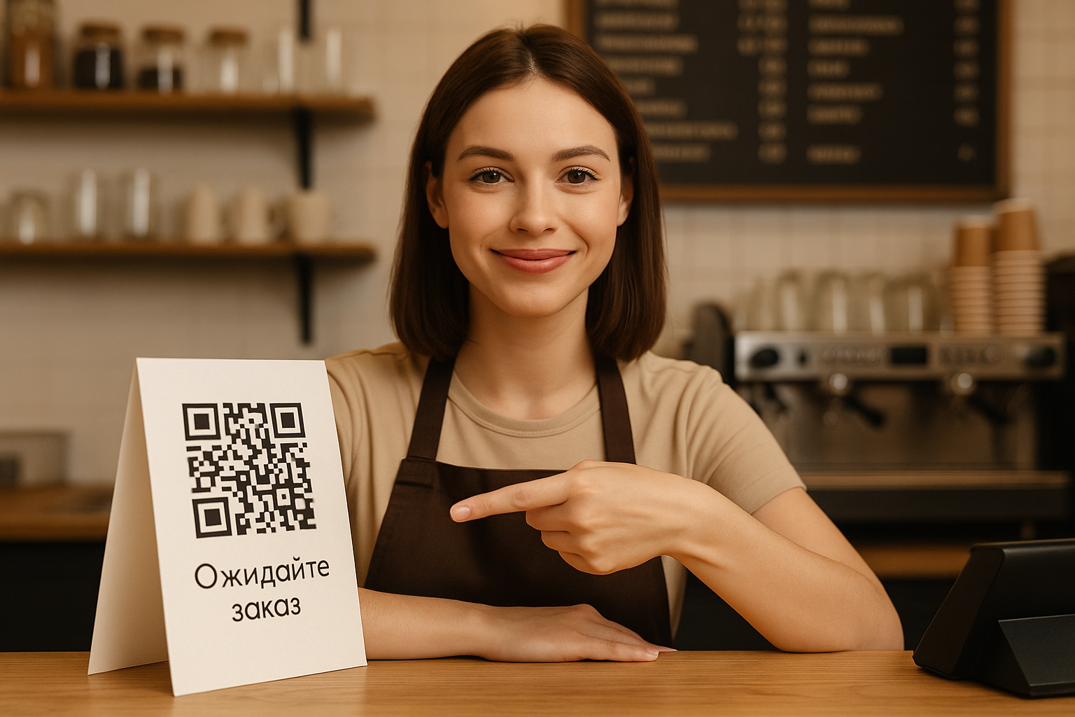 Бариста с QR-кодом на стойке